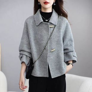 2025秋冬款双面绒大衣女短款小个子牛角扣高级感羊毛呢子外套