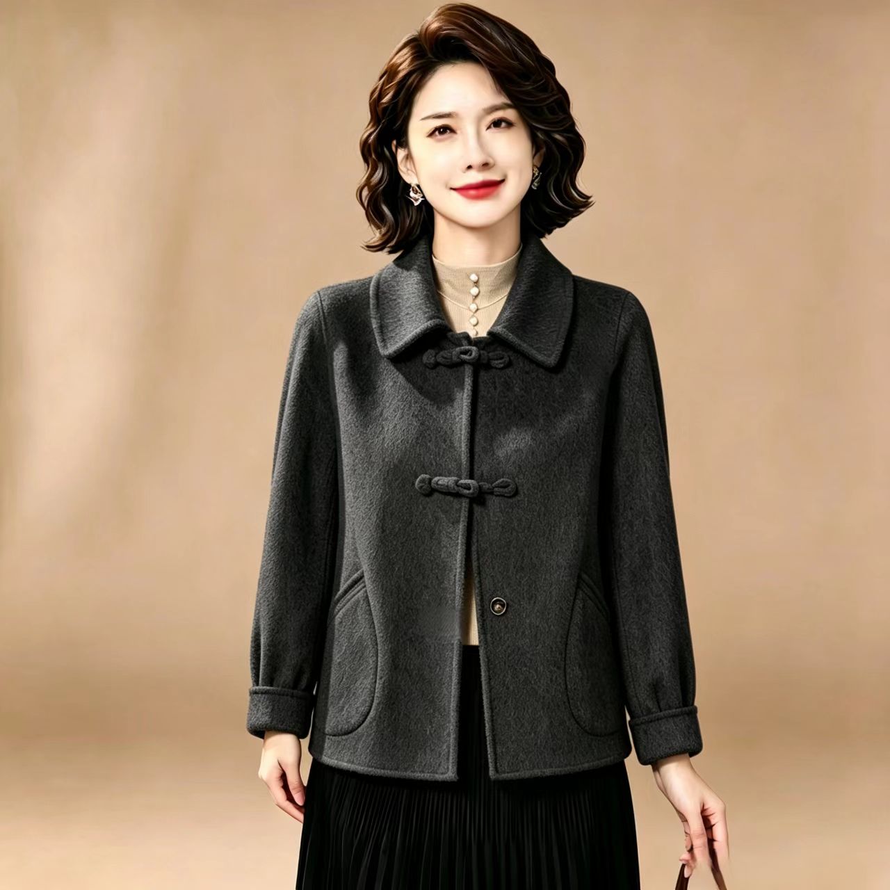 2026秋装新款双面呢子大衣女短款中老年妈妈小个子高端羊毛呢外套