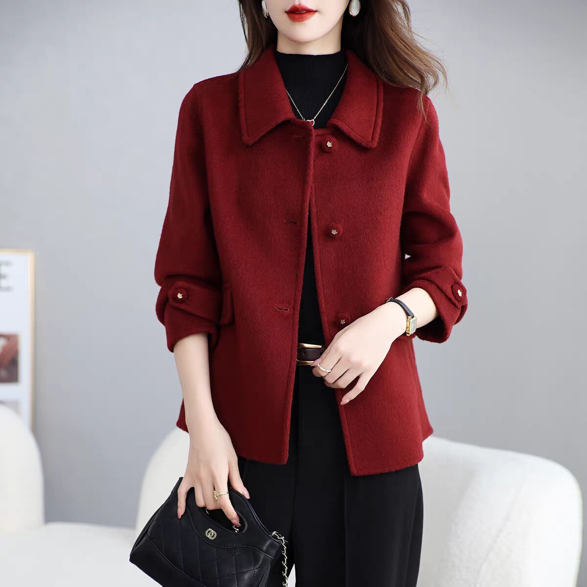 高级感双面羊毛大衣女短款宽松