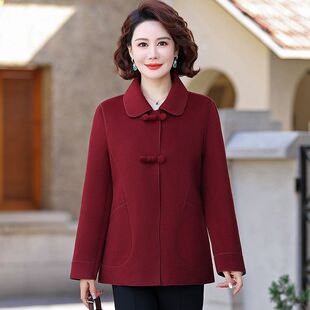 妈妈装双面呢子大衣时尚中国风外套大衣大码羊毛呢复古盘扣上衣女