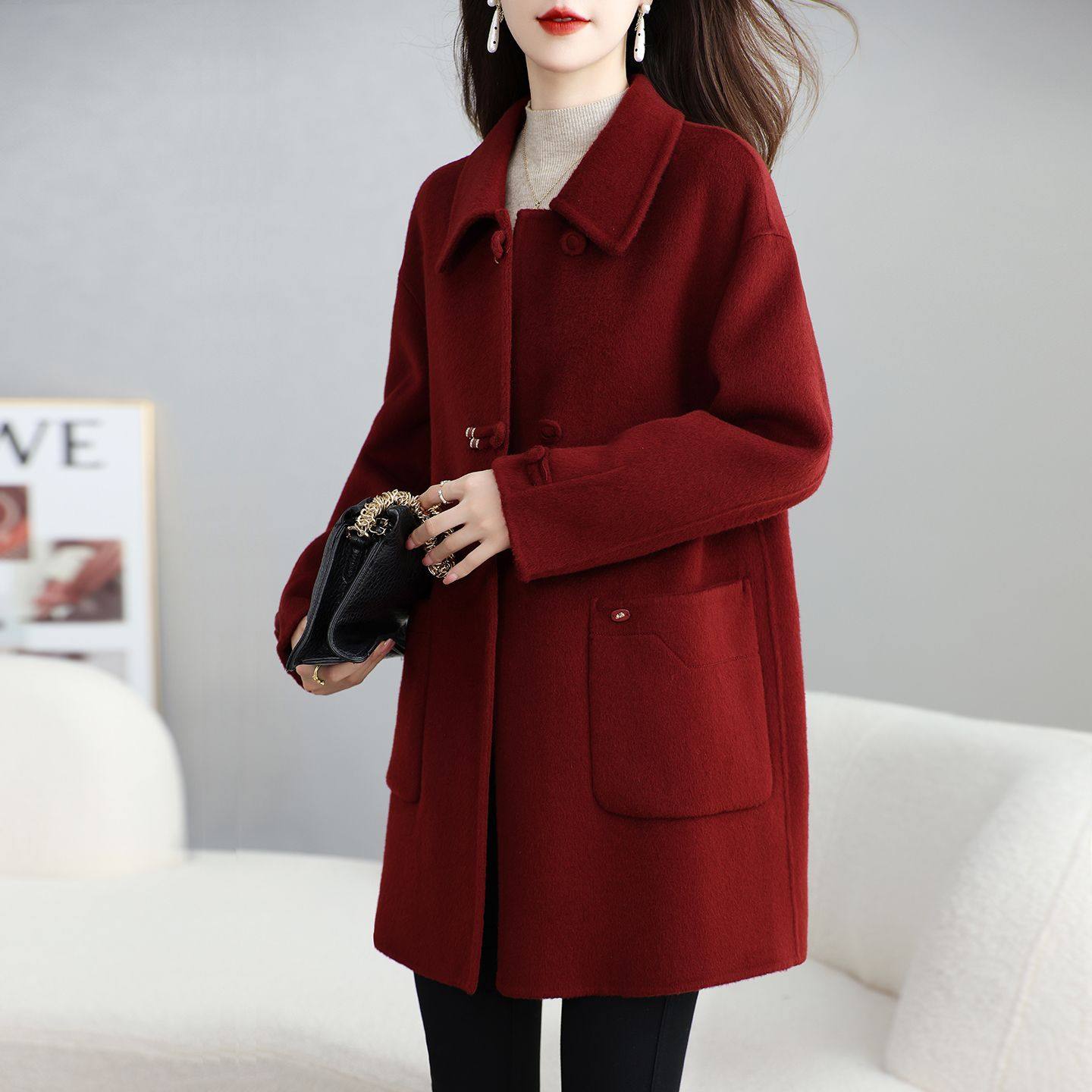 2025秋冬款红色双面羊毛大衣女
