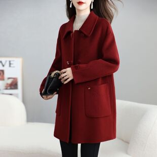 2025秋冬款红色双面羊毛大衣女中长气质高端减龄小个子毛呢外套女