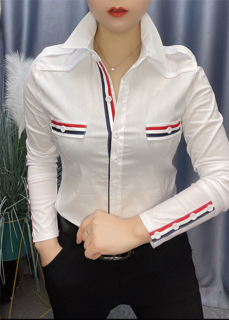 韩范春秋修身方领长袖单排扣彩色条纹修身棉质衬衫女时尚经典衬衣