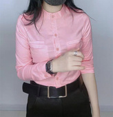 新品 糖果色棉质修身 女韩版 衬衫 百搭单排扣通勤职业春秋潮 立领长袖