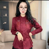 女时尚 新品 弹力棉质衬衫 彩色重工缝珠修身 百搭春秋上衣潮 立领长袖