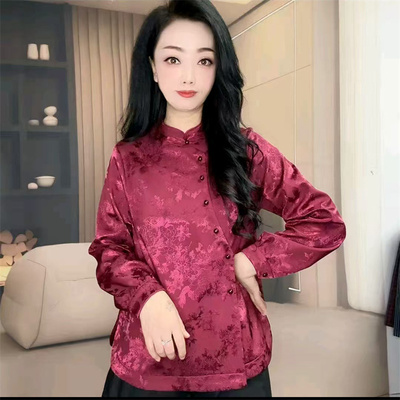 秋冬新品加绒保暖修身彩色丝滑缎面印花宽松盘扣衬衫女时尚新中式