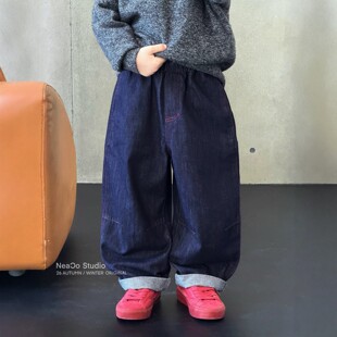 Neaco纽扣儿童牛仔裤2026秋款男女中大童宽松直筒阔腿休闲长裤子