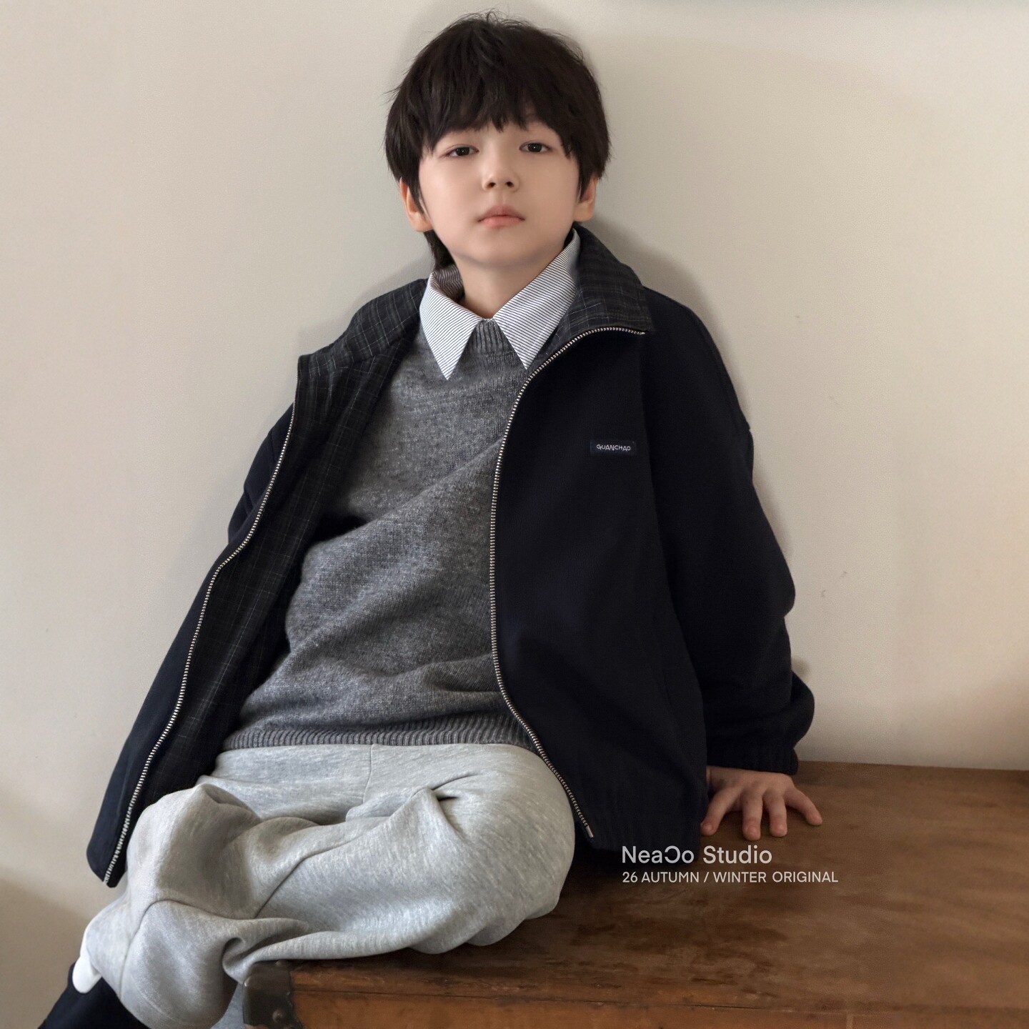 纽扣男童两面穿夹克外套秋款中大童格子翻领正反两穿儿童休闲上衣