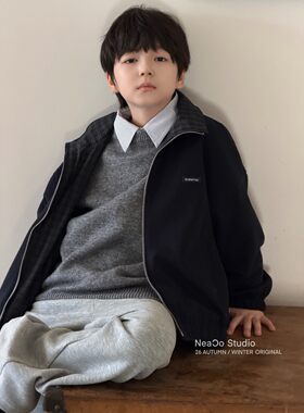 纽扣男童两面穿夹克外套秋款中大童格子翻领正反两穿儿童休闲上衣
