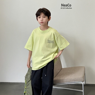 Neaco纽扣2026夏季新款儿童短袖T恤男女童纯棉透气荧光绿半袖上衣
