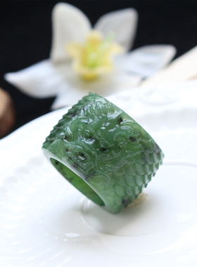 天然和田玉龙纹扳指戒指男绿色玉石大号指环手工雕刻传统饰品23mm