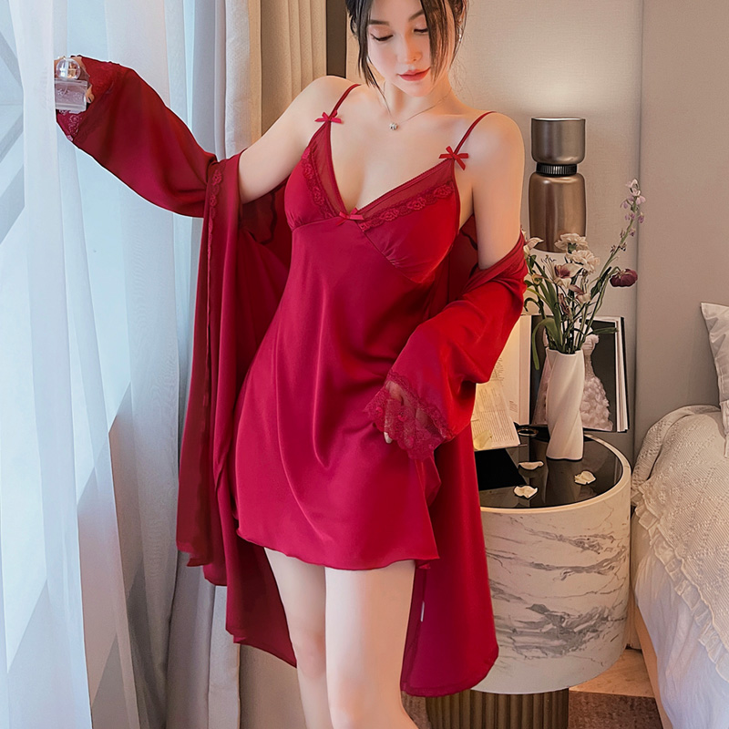 遇晚意性感吊带睡裙睡袍女家居服套装法式睡衣冰丝露背长袖蕾丝