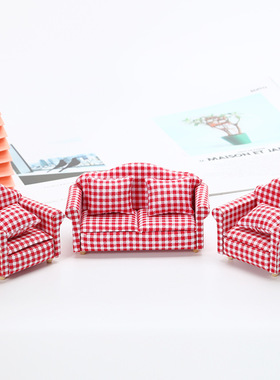 1/12分娃娃屋迷你食玩家具模型摆件 欧式田园红白格子沙发带靠垫