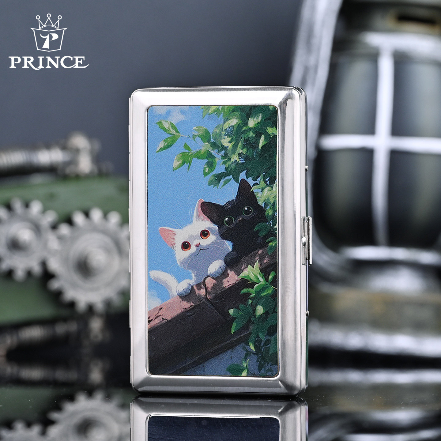 正品日本PRINCE王子金属烟盒可爱黑白猫咪图案可装粗中细烟高颜值