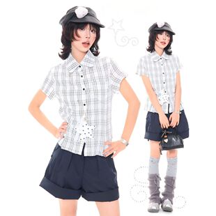 MKGO韩系少女星星纽扣格子正肩短袖衬衫女夏季小个子修身短款上衣