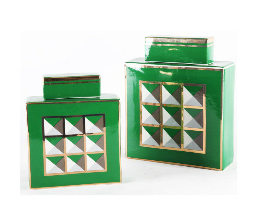绿色陶瓷随形几何方形储物罐子瓶子摆件欧式客厅样板房展厅装饰品