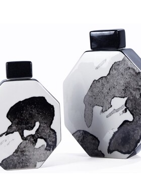 黑白色陶瓷八边形卡洛斯水墨花瓶插花摆件欧式客厅书房现代装饰品