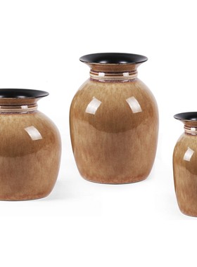 橙色高温陶瓷汝窑金典亮光宽口花瓶插花摆件欧式展厅样板房装饰品