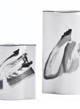 黑白色陶瓷扁形卡洛斯水墨花瓶插花摆件欧式客厅样板房简约装饰品