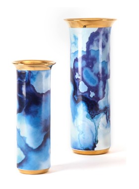 蓝紫色陶瓷浮笔文墨金边宽口直筒花瓶摆件 欧式客厅现代简约饰品