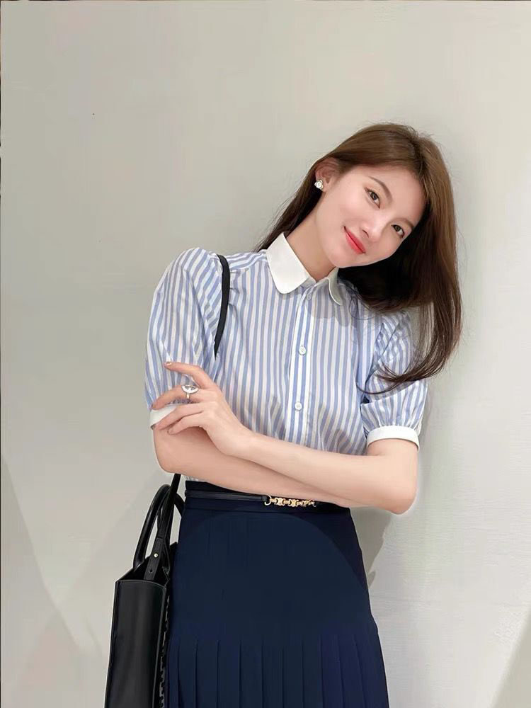 2022洋服条纹短袖时尚新品原创设计OL通勤修身打底女式衬衫