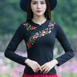包邮新款春大码民族风立领刺绣花女装上衣长袖修身打底衫小衫
