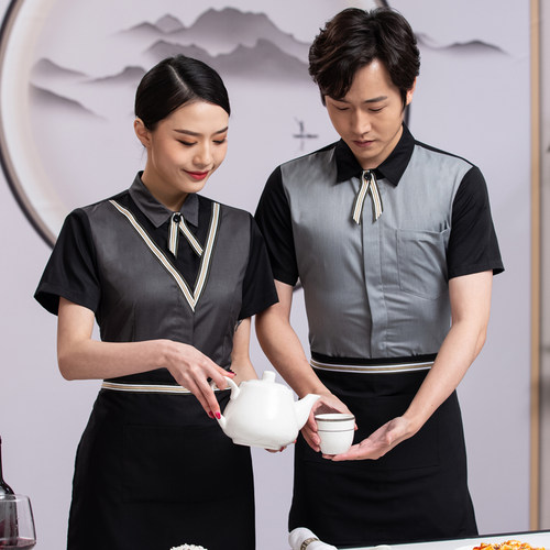 酒店前台西餐厅烘焙奶茶服务员衬衫短袖快餐火锅餐饮衬衣工作服女