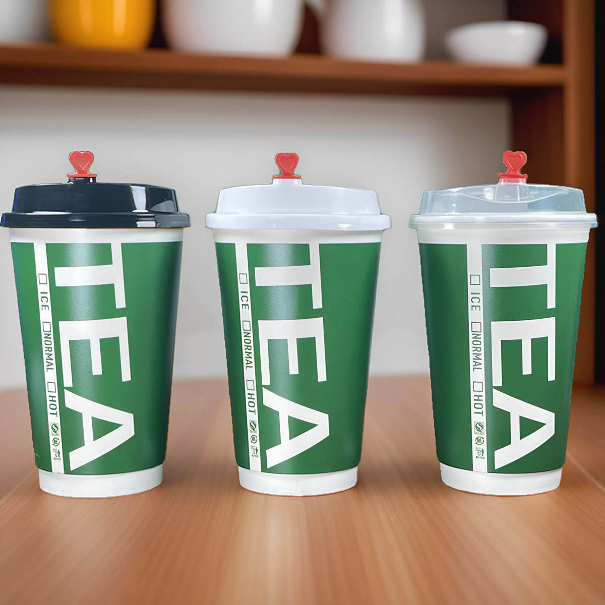 双PE绿色TEA中空纸杯500ml品质好货500个加厚防烫带盖奶茶咖啡