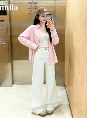 白色阔腿牛仔裤女不透显瘦小个子