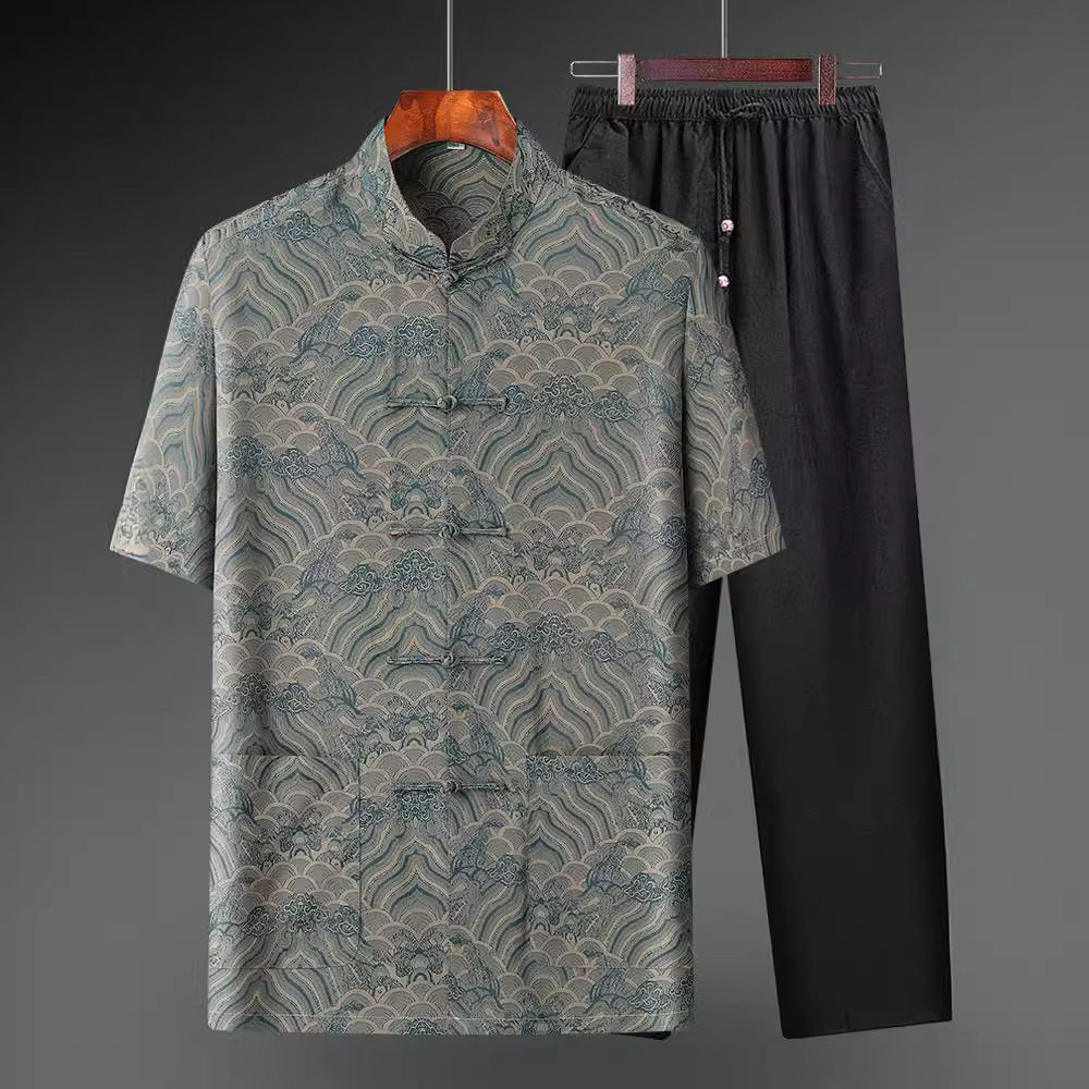 高版夏季国潮男装新中式海水江涯绸缎提花渐变色立领盘扣短袖衬衫,男装,中山装,淘宝优惠券,粉丝福利购,淘宝优惠卷