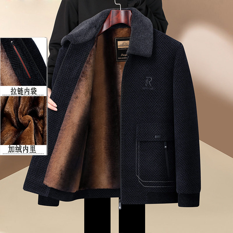 高品冬装加绒加厚雪尼尔外套中老年翻领男士夹克毛呢男装外