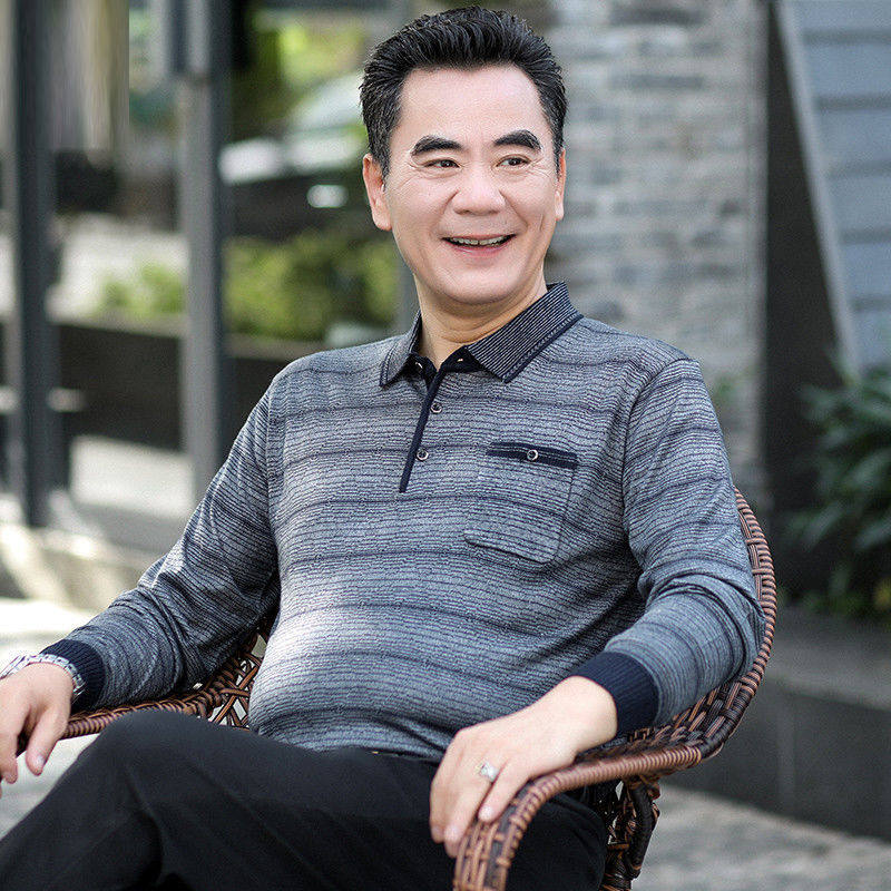 高品爸爸秋装中年男士长袖T恤春秋季中老年男装大码上衣服爷爷装