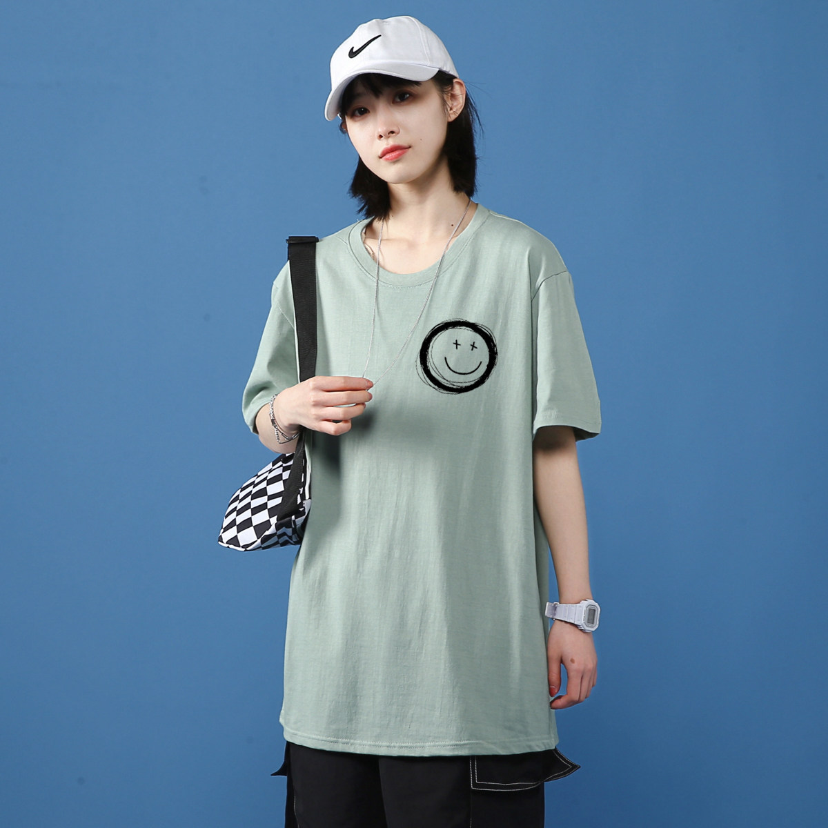 短袖t恤男2021新款港风宽松圆领笑脸印花上衣服潮ins休闲百搭,男装T恤,星座414A-2（原B215-2）