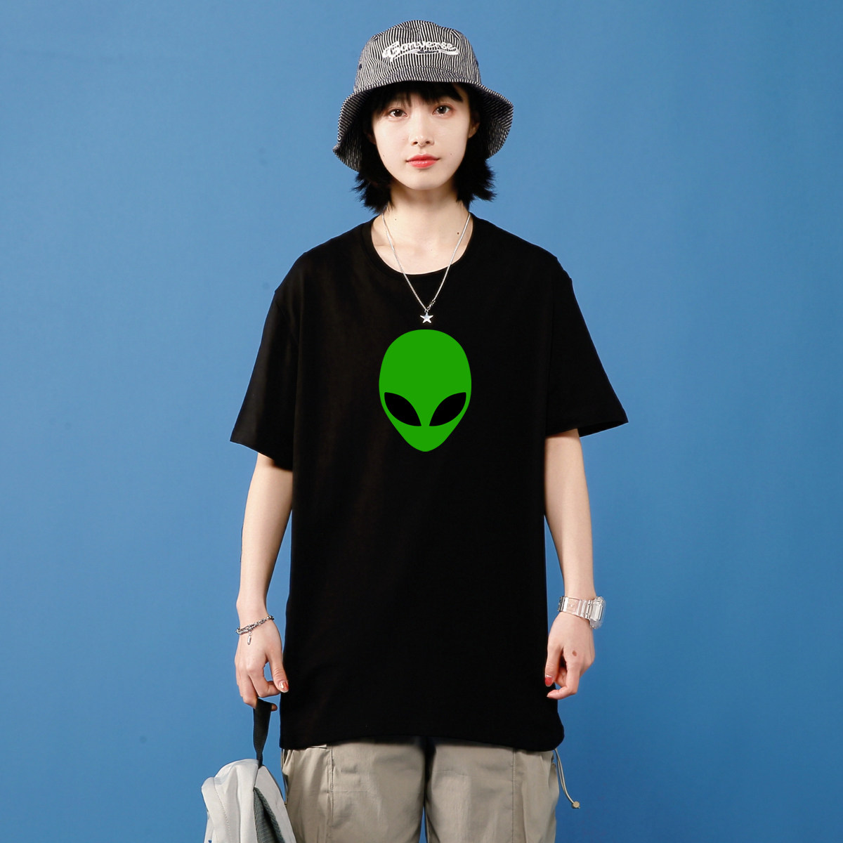 2021夏季新款t恤短袖男女半袖情侣装外星人ET印花潮牌宽松衣服图片