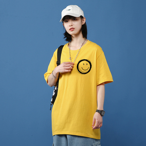 短袖t恤男2021新款港风宽松圆领笑脸印花上衣服潮ins休闲百搭图片