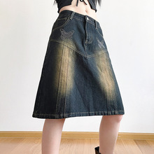 Vintage Butterfly Print Midi Denim Skirt Y2K A-line Skirts