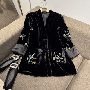 VANLU | 华美国风 精致新中式 重磅钉珠亮片V领盘扣真丝丝绒棉服