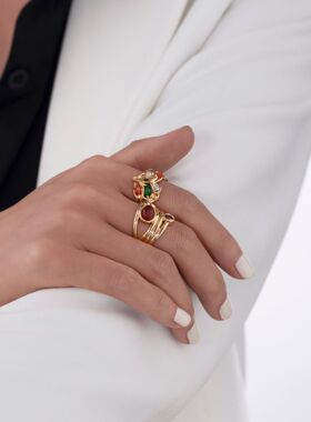 欧美跨境黄铜镀金潮酷个性彩色锆石戒指熔岩玛瑙石镶嵌小众百搭女
