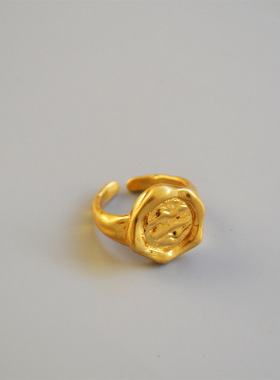 欧美小众设计复古不规则凹凸纹理抽象图案黄铜镀金戒指食指戒