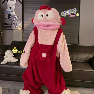 丑鱼连体睡衣冬季珊瑚绒加厚保暖睡袍搞怪沙雕家居服红色大嘴鱼女