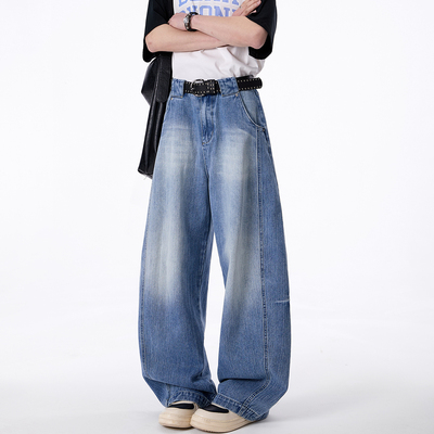 ZMOGEE潮牌牛仔裤男夏季美式重磅水洗浅蓝色休闲百搭直筒阔腿裤子