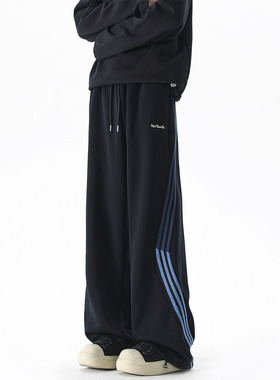 ZMOGEE加绒卫裤男秋冬季美式潮牌宽松直筒裤子百搭条纹运动休闲裤