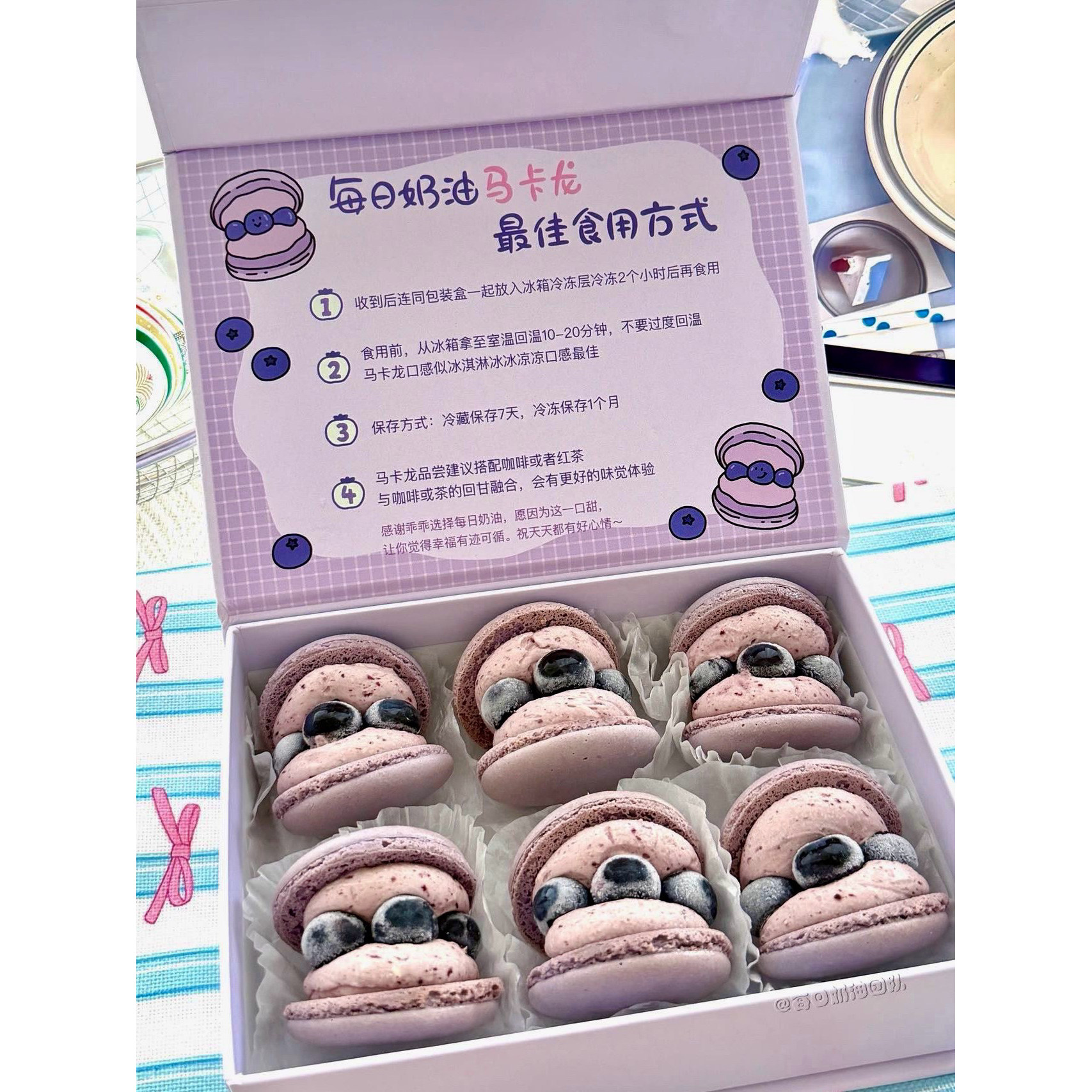每日奶油蓝莓胖马卡龙六枚礼盒装