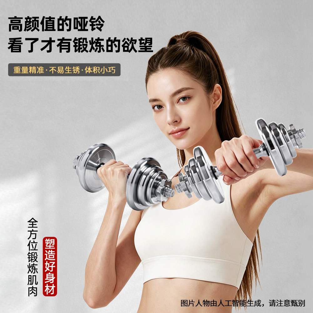 纯钢电镀哑铃男士健身家用套装可拆卸可调节重量哑铃全钢实心哑铃