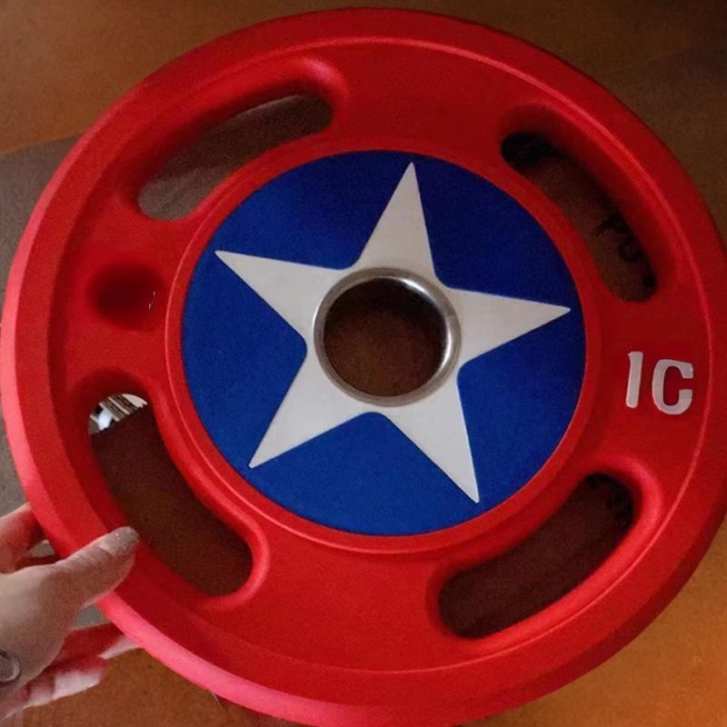 美国队长杠铃片PU奥片大孔片三孔包胶片橡胶健身房奥杆大孔片