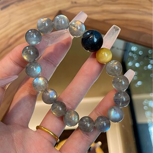 天然冰种蓝光灰月光拉长石单圈手链金虎眼蓝虎眼手串男女款饰品