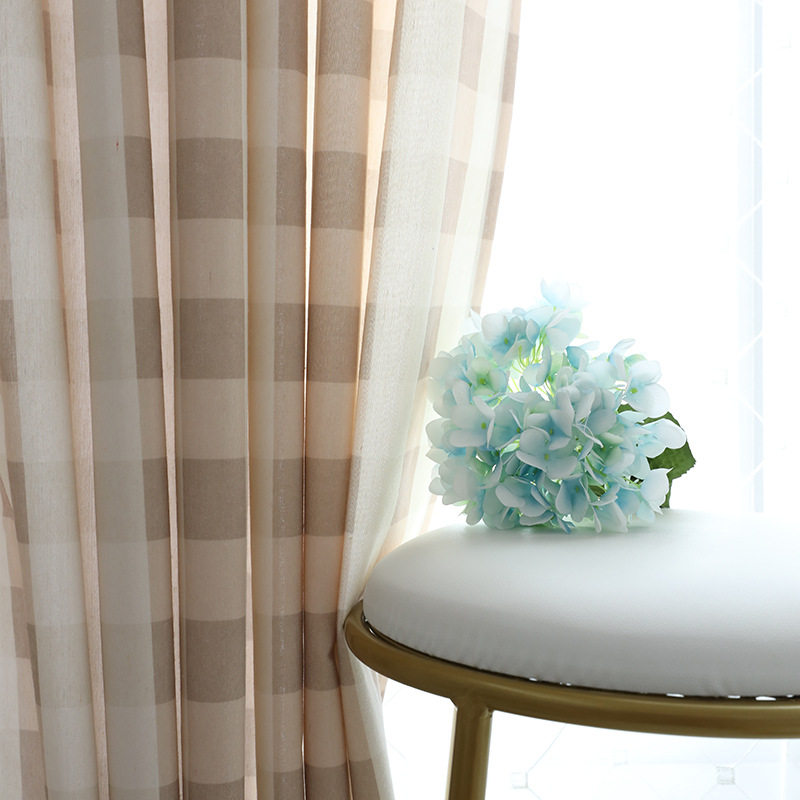 韩式田园日式清新咖色粉色格子窗帘客厅书房卧室涤棉印花窗帘定制