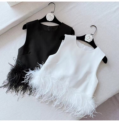 驼鸟毛拼接上衣韩版背心