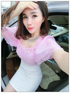 夏季短袖百搭T恤女修身性感小衫短款收腰雪纺泡泡袖显瘦露背上衣