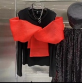 露肩圆领t恤上衣女 毛衣长袖 春秋设计感新款 网纱蝴蝶结拼接针织衫